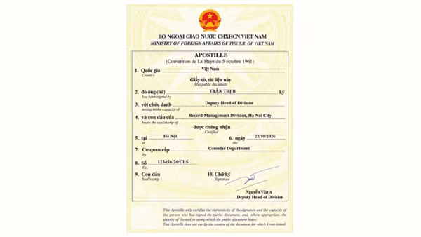 Mẫu chứng nhận Apostille của Việt Nam triển khai từ ngày 11/9/2026. (Ảnh: Bộ Ngoại giao Việt Nam cung cấp)