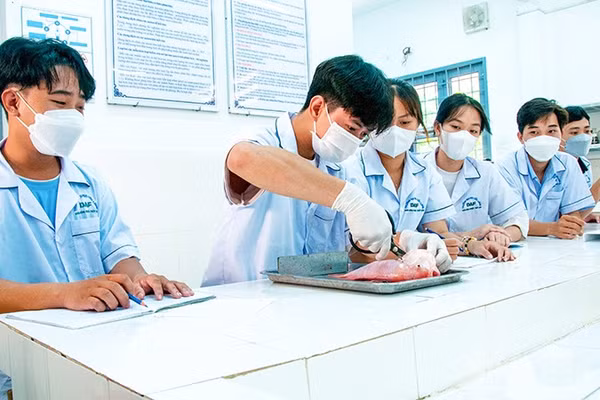 Sinh viên Trường đại học Cửu Long đang thực hành thí nghiệm. (Ảnh: VĂN DÔ)