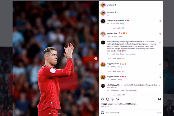 Tâm thư được Cristiano Ronaldo đăng trên trang cá nhân.
