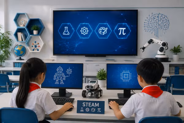 Nhiều cơ sở giáo dục đã chủ động xây dựng các mô hình đưa AI vào trường học theo lộ trình phù hợp với từng cấp học. (Ảnh có sử dụng AI).