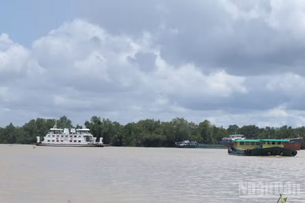 Phương tiện vận chuyển vật liệu xây dựng trên Cửa sông Đại Ngãi. (Ảnh: HOÀI XUYÊN)