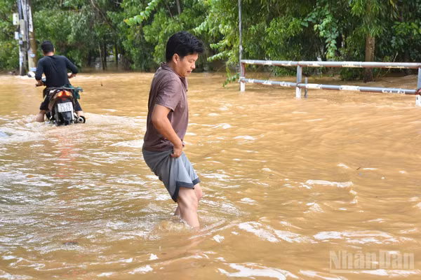 Nước sông Buông dâng cao khiến đường dân sinh ngập sâu tại khu phố Hương Phước, phường Phước Tân. (Ảnh: THIÊN VƯƠNG)