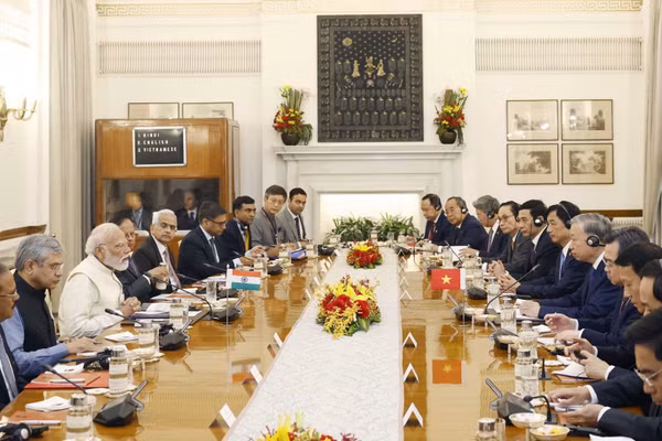 Tổng Bí thư, Chủ tịch nước Tô Lâm hội đàm với Thủ tướng Ấn Độ Narendra Modi. (Ảnh: Thống Nhất/TTXVN)