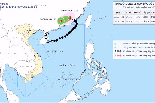 Bản đồ dự báo quỹ đạo bão số 5 phát lúc 14 giờ giờ ngày 3/9. (Ảnh: Trung tâm Dự báo khí tượng thủy văn quốc gia)