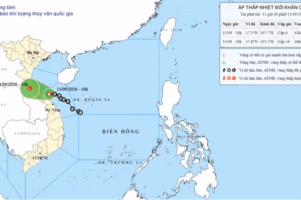 Bản đồ dự báo quỹ đạo và cường độ áp thấp nhiệt đới lúc 11 giờ ngày 13/9. 