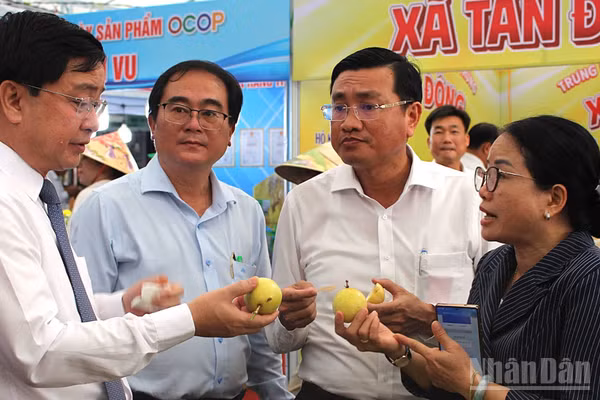 Ủy viên Trung ương Đảng, Bí thư Tỉnh ủy Tây Ninh Nguyễn Văn Quyết (bìa trái) trao đổi với sở, ngành trong việc sản xuất hàng nông sản tạo ra giá trị gia tăng. (Ảnh: THANH PHONG)
