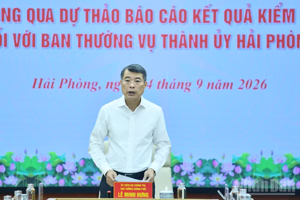 Đồng chí Lê Minh Hưng, Ủy viên Bộ Chính trị, Thủ tướng Chính phủ, Trưởng đoàn Kiểm tra, giám sát số 222 của Bộ Chính trị phát biểu ý kiến tại hội nghị. (Ảnh: THANH GIANG)