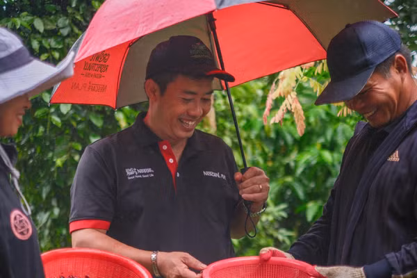 Anh Nguyễn Trọng Tường (giữa) đã có nhiều năm đồng hành cùng người trồng cà-phê - một hành trình hai chiều anh học hỏi từ kinh nghiệm của người nông dân, đồng thời chia sẻ những kiến thức thiết thực. (Ảnh: ILO/Linh Pham)