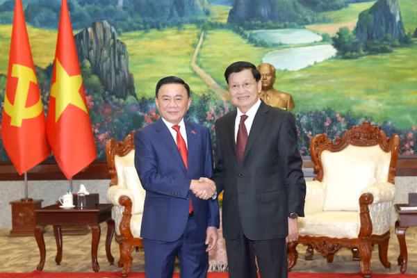 Thường trực Ban Bí thư Trần Cẩm Tú hội kiến Tổng Bí thư, Chủ tịch nước Lào Thongloun Sisoulith. (Ảnh: TTXVN)