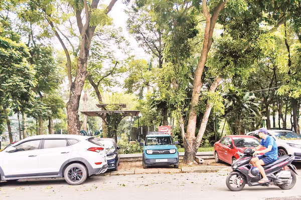 Vỉa hè, lối vào công viên Bán đảo Linh Đàm thường xuyên bị chặn bởi nhiều phương tiện giao thông. Ảnh: Đăng Phi