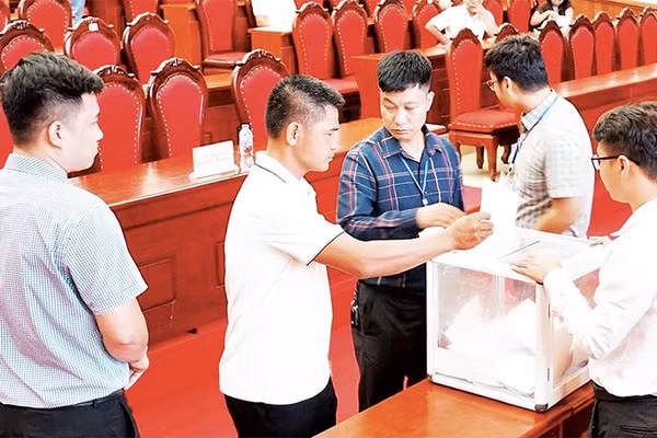 Phiên đấu giá đất tại xã Quang Minh (Ảnh NGỌC ANH)