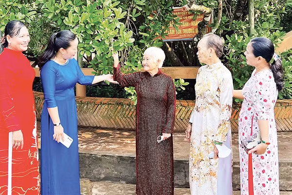 Người dân tham quan, chụp ảnh bên cây bạch mai cổ thụ.