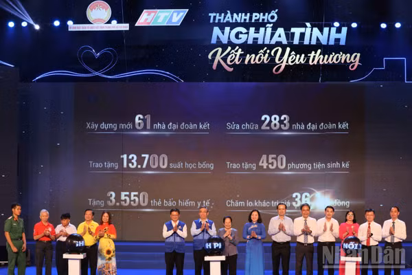 Đồng chí Nguyễn Phước Lộc, Ủy viên Trung ương Đảng, Phó Bí thư Thành ủy, Chủ tịch Ủy ban Mặt trận Tổ quốc Việt Nam thành phố và các đại biểu khởi động Tháng cao điểm “Vì người nghèo” năm 2026. (Ảnh: Thúy Liễu)