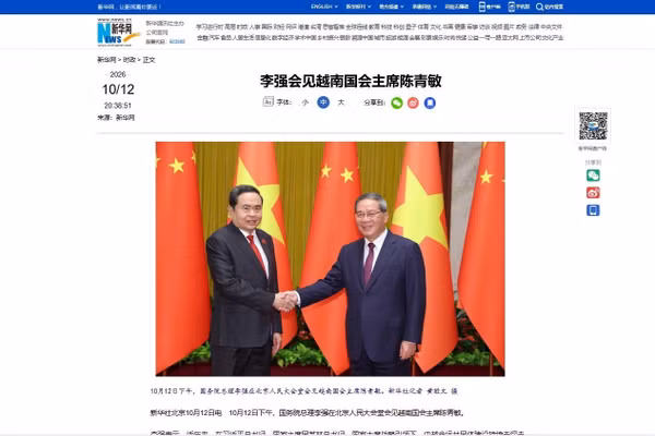 Tân Hoa xã đưa tin về cuộc hội kiến giữa Chủ tịch Quốc hội Trần Thanh Mẫn và Thủ tướng Trung Quốc Lý Cường. (Ảnh chụp màn hình)