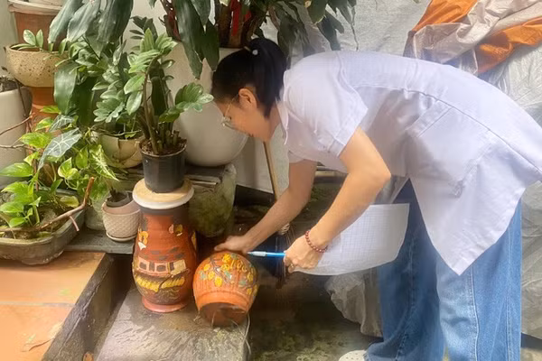 Cán bộ y tế giám sát chỉ số véc-tơ truyền bệnh sốt xuất huyết tại cộng đồng trên địa bàn thành phố Hà Nội. (Ảnh: DUY TUÂN)
