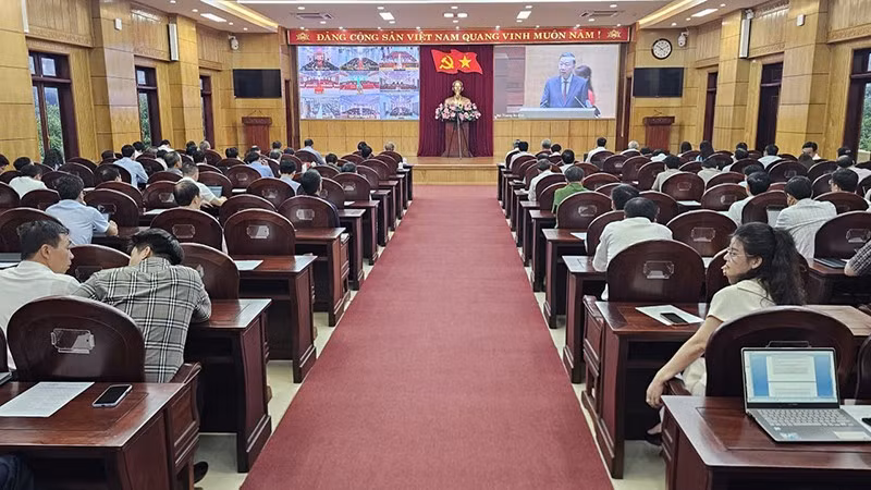 Quang cảnh hội nghị tại điểm cầu Tỉnh ủy Thanh Hóa.