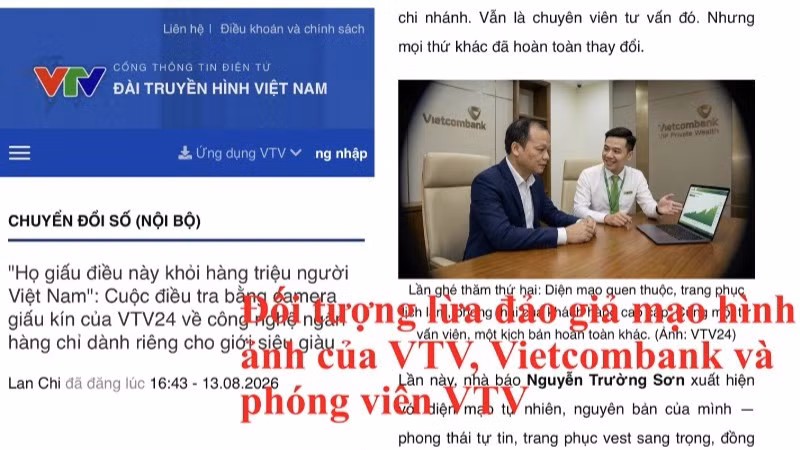 Ảnh chụp màn hình bài báo đối tượng lừa đảo giả mạo hình ảnh của phóng viên báo chí và nhân viên Vietcombank. (Ảnh: Vietcombank)