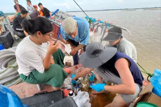 Các nhà nghiên cứu thu thập mẫu để phân tích, đánh giá tác động của rác thải nhựa với môi trường và sức khỏe con người. (Ảnh: THÚY HƯỜNG)