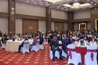 Đại sứ quán Việt Nam tại Lào tổ chức Tiệc chiêu đãi chào mừng kỷ niệm 80 năm Quốc khánh nước Cộng hòa xã hội chủ nghĩa Việt Nam. (Ảnh: HẢI TIẾN)