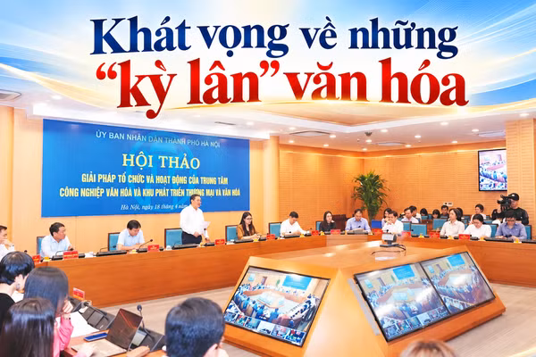 Hội thảo “Giải pháp tổ chức và hoạt động của Trung tâm công nghiệp văn hóa và khu phát triển thương mại và văn hóa” do Ủy ban nhân dân Thành phố Hà Nội tổ chức. (Ảnh: PV)