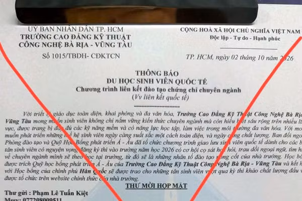 Văn bản, thông báo giả mạo Trường cao đẳng kỹ thuật công nghệ Bà Rịa-Vũng Tàu. (Ảnh: Nhà trường cung cấp)