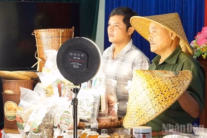 Các hộ kinh doanh, hợp tác xã, nông dân và thanh niên của địa phương tham gia hoạt động thực hành livestream bán hàng trên nền tảng TikTok. (Ảnh: TRÀ ĐỐC)