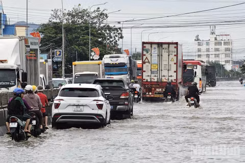 Mưa lớn khiến Quốc lộ 1A, đoạn qua phường Hàm Thắng, tỉnh Lâm Đồng ngập khá sâu. Hình ảnh ghi nhận chiều 24/9. (Ảnh: BẢO VĂN)