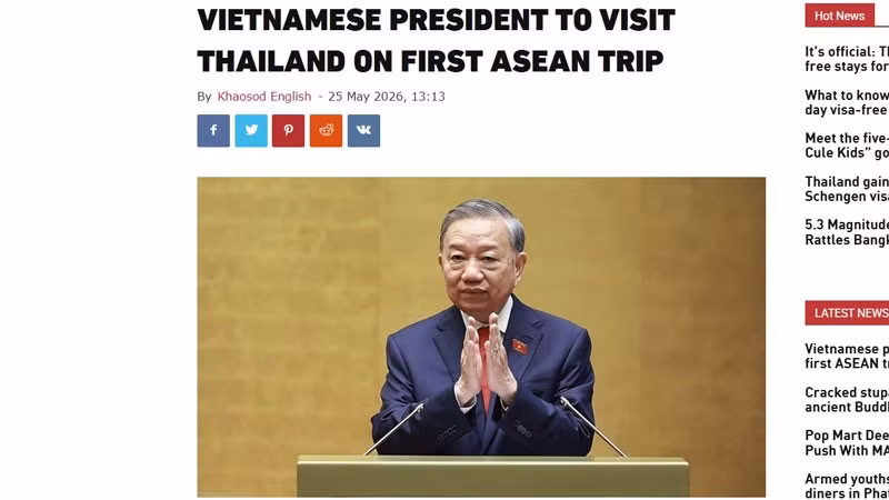Báo Khaosod đăng tải thông tin về chuyến thăm Thái Lan của Tổng Bí thư, Chủ tịch nước Tô Lâm. (Ảnh chụp màn hình)