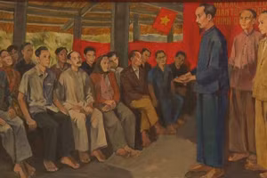 Chủ tịch Hồ Chí Minh nói chuyện với đại biểu Quốc dân Đại hội tại Đình Tân Trào. (Tranh sơn dầu: Họa sĩ Cao Thương)