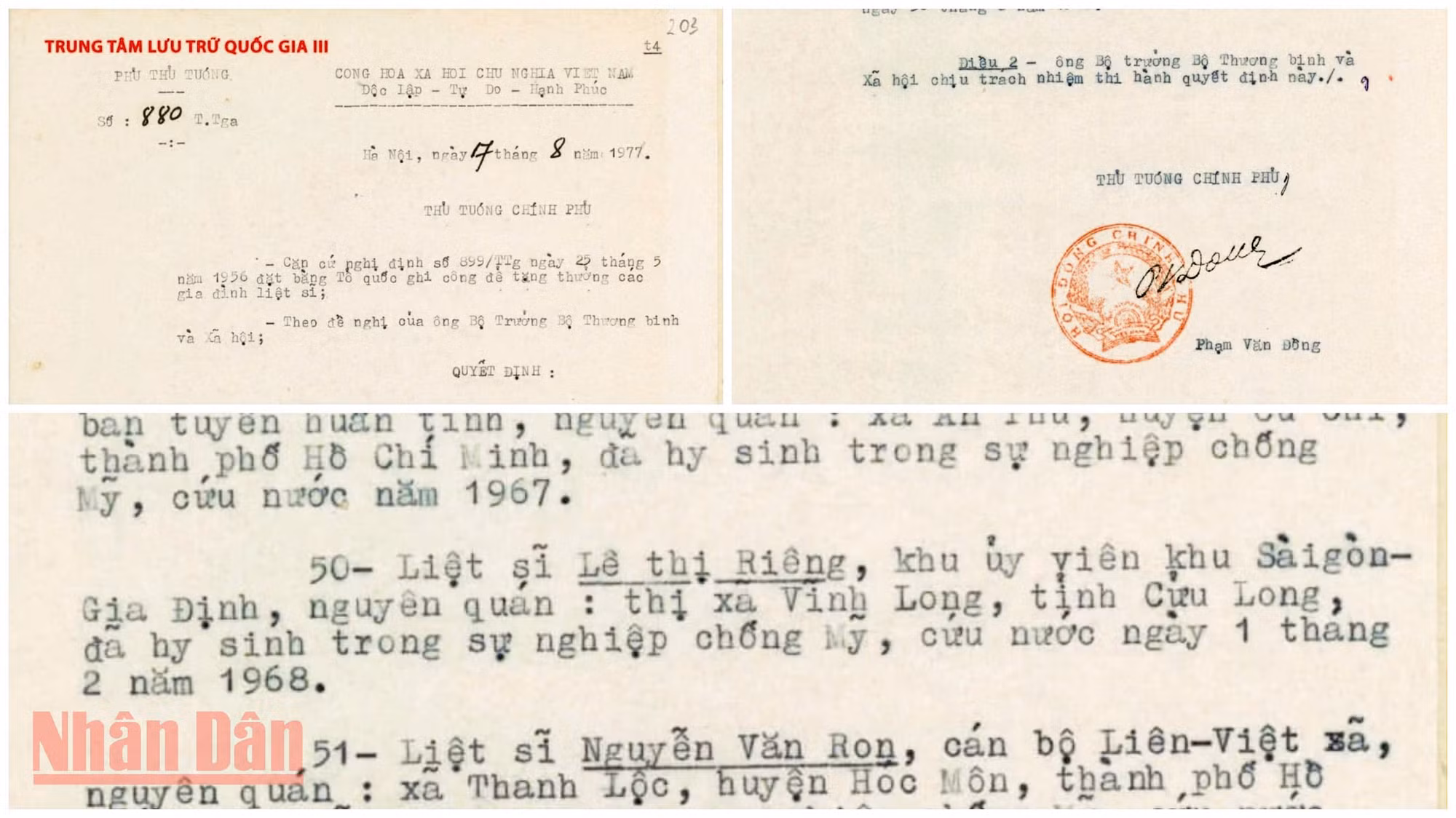 Quyết định số 880/T.Tga ngày 17/8/1977 của Thủ tướng Chính phủ tặng Bằng Tổ quốc ghi công cho 139 gia đình liệt sĩ trong đó có liệt sĩ Lê Thị Riêng. (Ảnh chụp tại Trung tâm Lưu trữ quốc gia III)