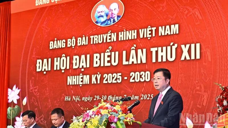 Bí thư Đảng ủy, Tổng Giám đốc Đài Truyền hình Việt Nam Nguyễn Thanh Lâm phát biểu ý kiến tại Đại hội. (Ảnh: Trần Hải)