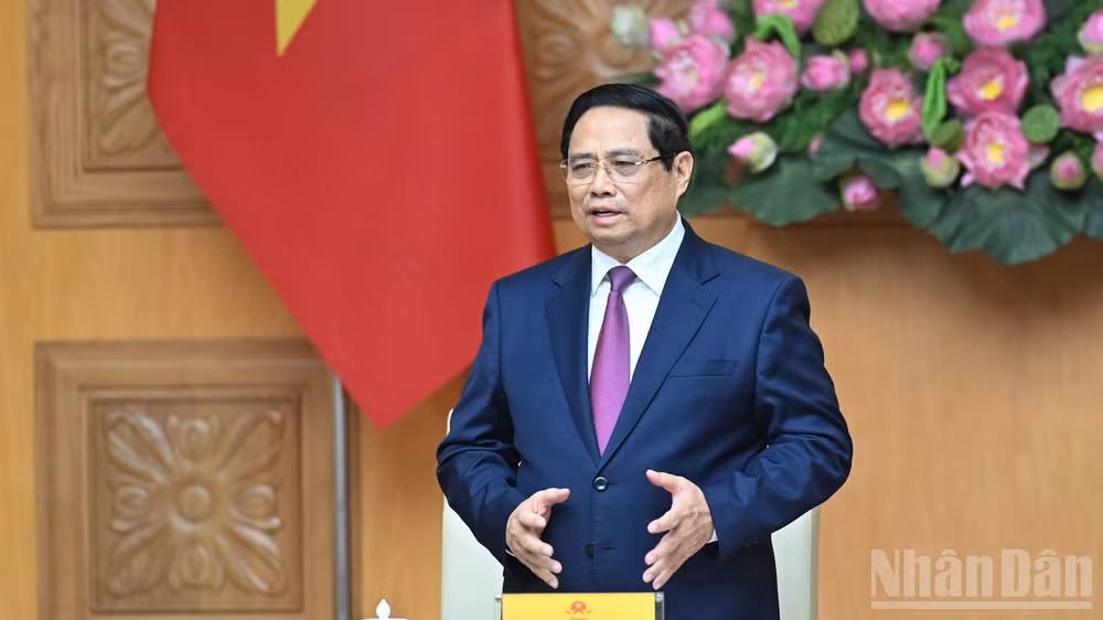 Thủ tướng Phạm Minh Chính phát biểu ý kiến tại cuộc làm việc. (Ảnh: TRẦN HẢI)