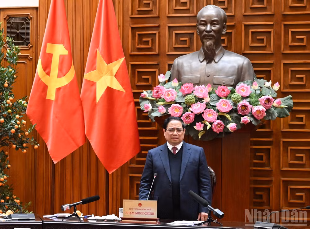 Thủ tướng Chính phủ Phạm Minh Chính phát biểu ý kiến kết luận Phiên họp thứ năm Ban Chỉ đạo xây dựng nhà máy điện hạt nhân. (Ảnh: Trần Hải)
