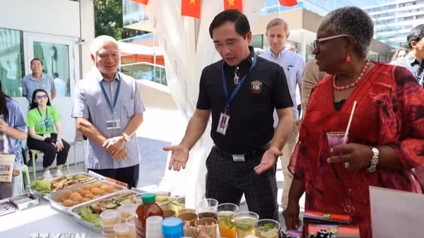 Tham tán Công sứ Phạm Quang Huy (áo đen) giới thiệu gian hàng của Việt Nam với Tổng Giám đốc WTO Ngozi Okonjo-Iweala. (Ảnh: Anh Hiển/TTXVN)
