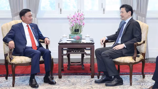 Thường trực Ban Bí thư Trần Cẩm Tú hội kiến Tổng Thư ký Đảng Hành động Nhân dân, Thủ tướng Singapore Lawrence Wong. (Ảnh: TTXVN)