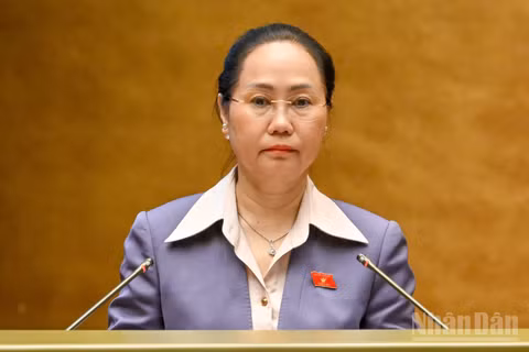 Bộ trưởng Văn hóa, Thể thao và Du lịch Lâm Thị Phương Thanh, thừa ủy quyền của Thủ tướng Chính phủ, trình bày Tờ trình về dự án Luật Phát triển công nghiệp văn hóa. (Ảnh: THỦY NGUYÊN)