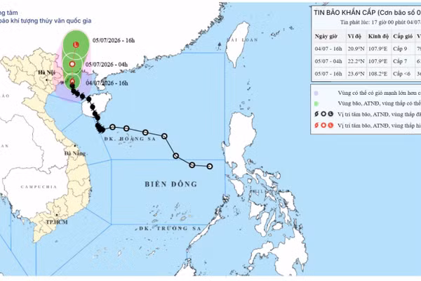 Bản đồ dự báo quỹ đạo của bão số 1 lúc 17 giờ ngày 4/7/2026. (Nguồn: Trung tâm Dự báo khí tượng thủy văn quốc gia)