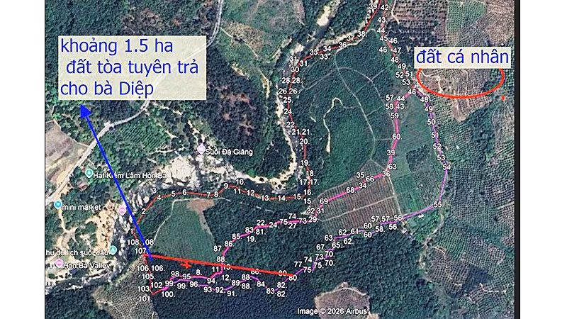 Các vị trí xảy ra tranh chấp giữa bà Diệp và ông Vui tại xã Suối Dầu (Khánh Hòa).