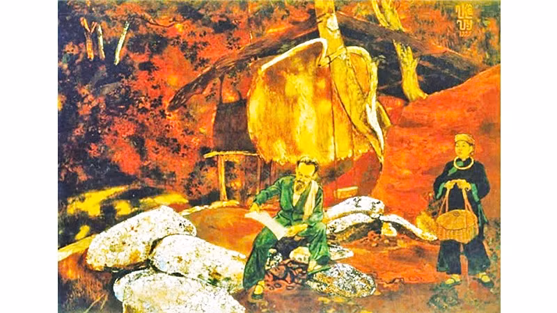 Bà Vương Thị Kim Liên trong tranh “Ông Ké Kách mệnh về Pác Bó năm 1941” của họa sĩ Thế Vỵ - Ảnh Kiều Mai Sơn chụp lại.