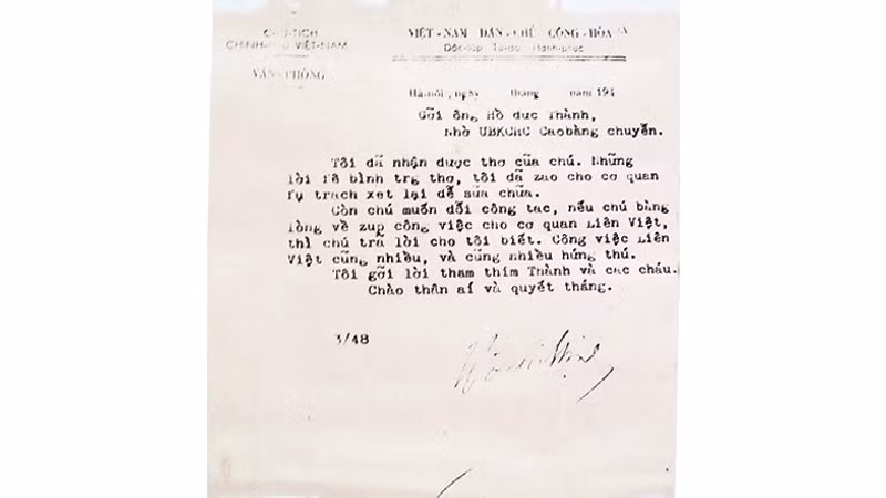 Thư Chủ tịch Hồ Chí Minh gửi cụ Hồ Đức Thành (tháng 3/1948). Tư liệu gia đình