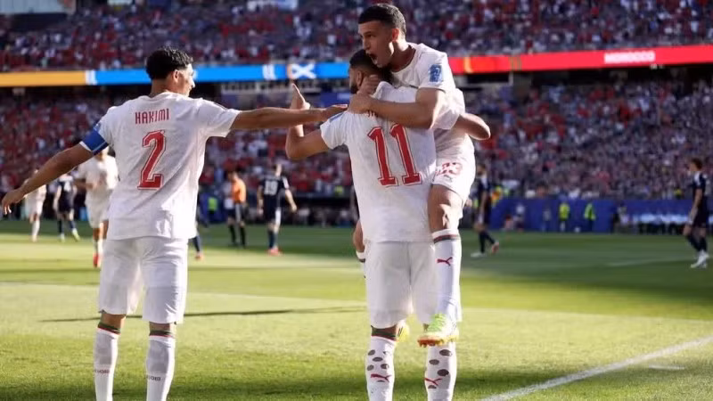 Các tuyển thủ Morocco ăn mừng sau bàn thắng của trận đấu. (Ảnh: FIFA)