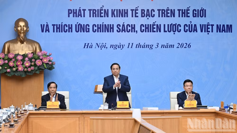 Thủ tướng Chính phủ Phạm Minh Chính chủ trì Hội nghị trực tuyến phát triển kinh tế bạc trên thế giới và thích ứng chính sách, chiến lược của Việt Nam. (Ảnh: TRẦN HẢI)