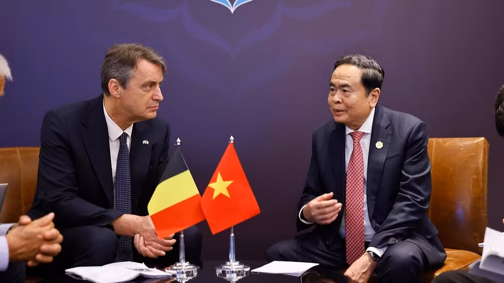 Chủ tịch Quốc hội Trần Thanh Mẫn hội kiến Chủ tịch Thượng viện Bỉ Vincent Blondel. (Ảnh: TTXVN)