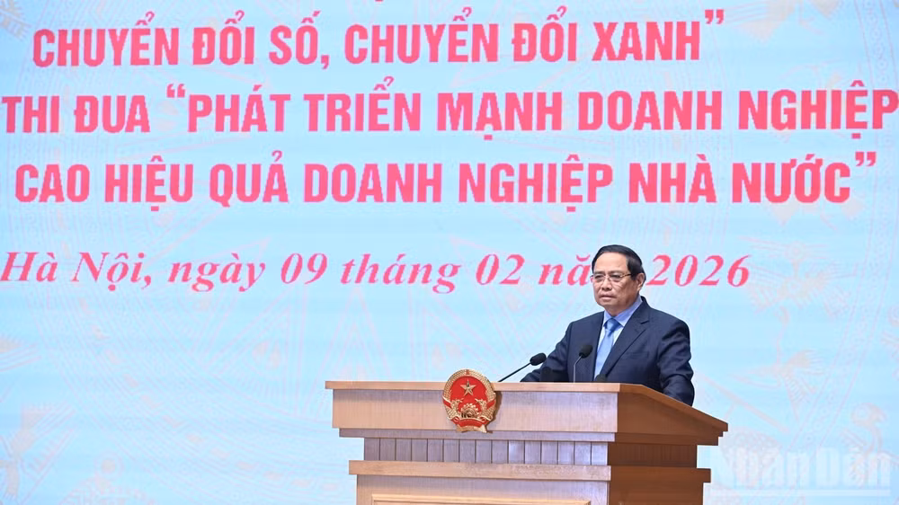 Thủ tướng Chính phủ Phạm Minh Chính phát biểu ý kiến tại lễ phát động hai phong trào thi đua. (Ảnh: TRẦN HẢI)