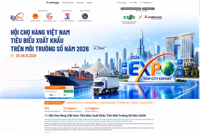 Hội chợ hàng Việt Nam tiêu biểu xuất khẩu trên môi trường số năm 2026 (tradexpo.arobid.com) là hoạt động bổ trợ cho Hội chợ Hàng Việt Nam tiêu biểu xuất khẩu 2026 (HCMC EXPORT 2026) diễn ra trực tiếp từ ngày 22-24/10. (Ảnh: Arobid.com)