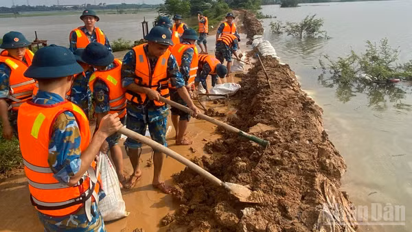 Chiến sĩ Không quân tại khu vực đê. (Ảnh: QUANG PHONG)