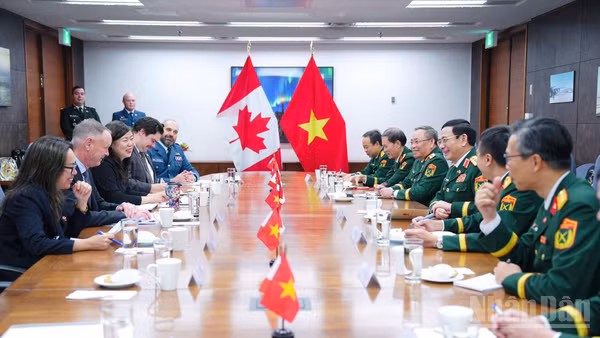 Bộ trưởng Quốc phòng Canada David McGuinty và Đại tướng Phan Văn Giang tại hội đàm. (Ảnh: THU TRANG)