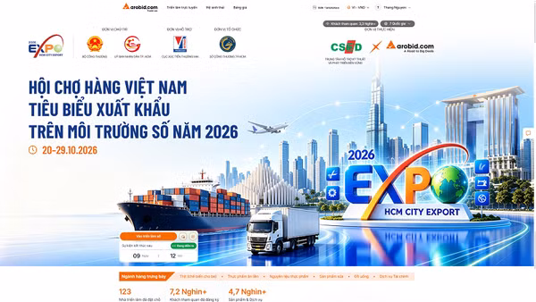 Hội chợ hàng Việt Nam tiêu biểu xuất khẩu trên môi trường số năm 2026 (tradexpo.arobid.com) là hoạt động bổ trợ cho Hội chợ Hàng Việt Nam tiêu biểu xuất khẩu 2026 (HCMC EXPORT 2026) diễn ra trực tiếp từ ngày 22-24/10. (Ảnh: Arobid.com)