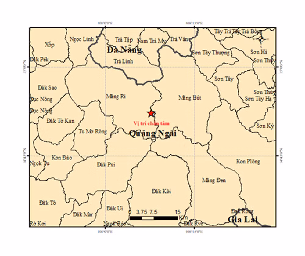 Bản đồ tâm chấn động đất M=4,9 tại xã Măng Ri, tỉnh Quảng Ngãi. (Nguồn: Trung tâm Báo tin động đất và Cảnh báo sóng thần, Viện Các khoa học trái đất)