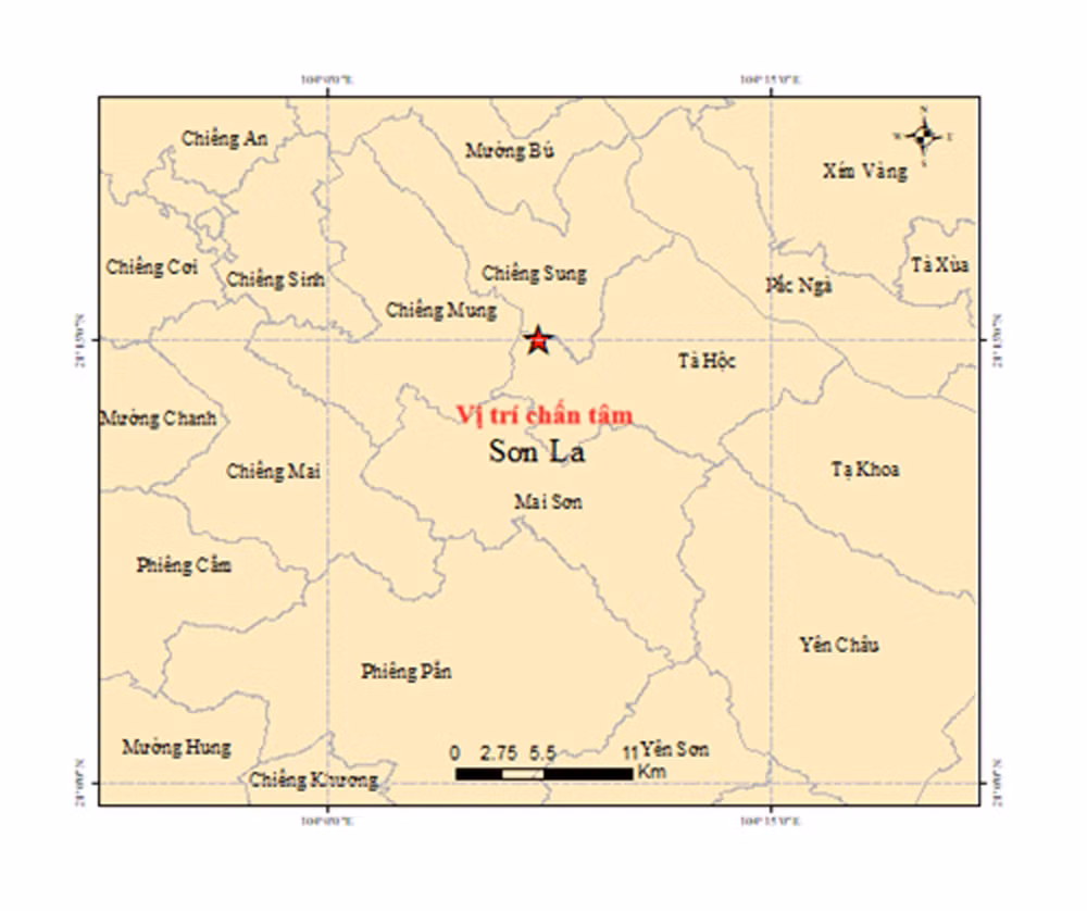 Bản đồ tâm trấn trận động đất độ lớn 4,2 tại xã Tà Hộc, tỉnh Sơn La. (Ảnh: Viện Các khoa học Trái đất cung cấp)